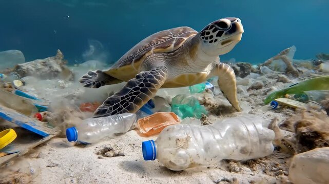 Green turtle navigates through extensive plastic waste and ocean pollution on the seafloor, highlighting environmental destruction and marine contamination.