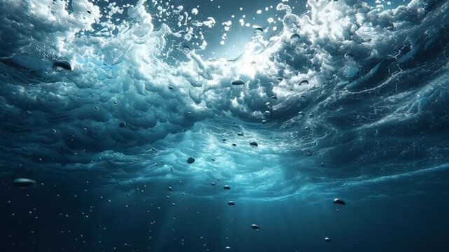 Underwater scene with splashing water and sunlight.