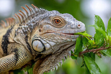 Fototapeta premium Iguana eating leaves on branch close-up 
