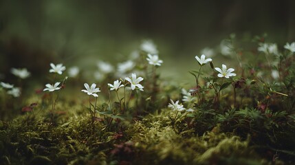 Tiny White Wildflowers Blooming on a Mossy Forest Floor in Soft Light.