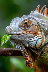 Iguana eating leaves on branch close-up
