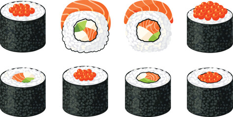 Sushi Roll and Nigiri Collection Set with Salmon and Caviar Flat Vector Illustration Isolated on White Background © ABDUL HAKIM