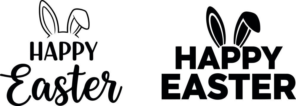 Happy Easter text with bunny ears design elements for holiday celebration on transparent background