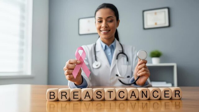 Smiling female doctor holding a pink awareness ribbon and stethoscope with wooden blocks spelling breast cancer in bright office setting