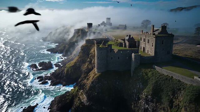 Medieval Castle on Cliffside with Ocean Waves.