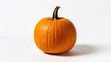 Obraz premium Bright orange pumpkin with green stem on white background.