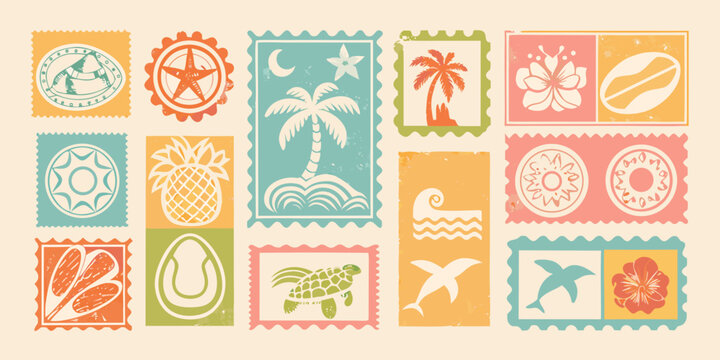Vintage style postage stamps featuring tropical and travel themed illustrations