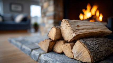 Cozy firewood stack by stone fireplace in modern living room