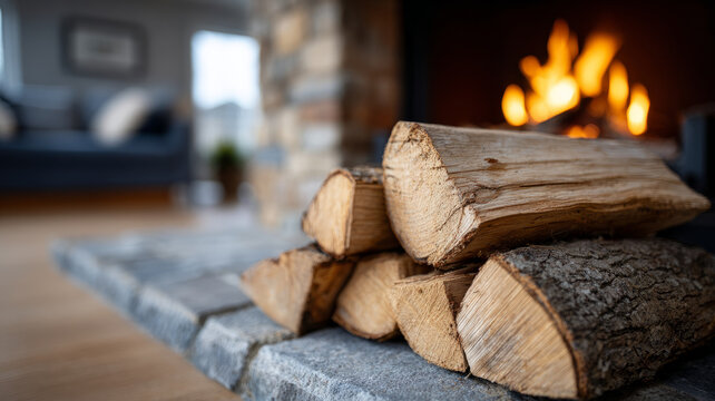 Cozy firewood stack by stone fireplace in modern living room