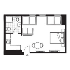 Black and white floor plan of a small apartment with bathroom kitchen dining and bedroom areas