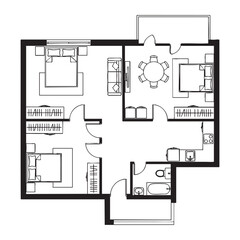 Black and white floor plan of a two-bedroom apartment with kitchen and bathroom
