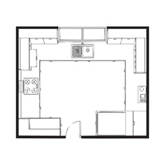 Black and white kitchen layout plan with appliances and cabinetry
