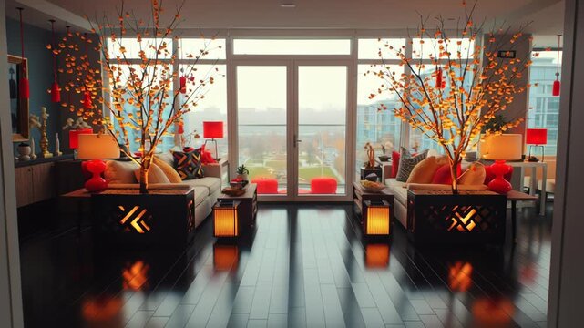 Living Room Interior Decorated with Kumquat Trees and Traditional Chinese New Year Elements in a Modern Apartment