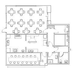 Office floor plan with desks chairs and meeting room layout restroom