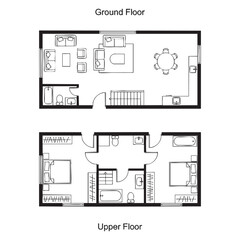 Black and white floor plan of a two-story house with labeled rooms and furniture