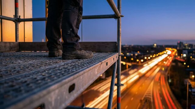 A worker stands on scaffolding overlooking a busy city intersection. Light trails from passing vehicles show activity in the urban setting during twilight hours