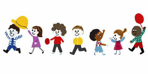 A diverse group of children cheerfully walking and holding balloons