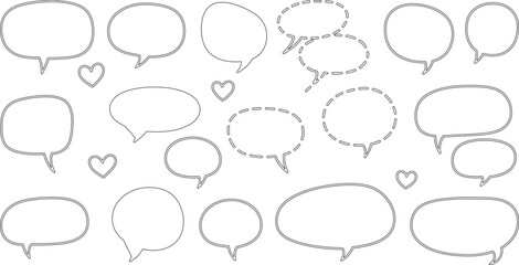 Fototapeta premium Collection of hand-drawn speech bubbles and heart outlines on a white background, perfect for graphic design and communication concepts.
