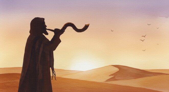Man blowing shofar in desert at sunset. Jewish religious tradition. Rosh Hashanah, Yom Kippur, Jewish holiday, spiritual awakening. Watercolor painting.