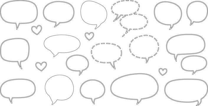 Collection of hand-drawn speech bubbles and heart outlines on a white background, perfect for graphic design and communication concepts.