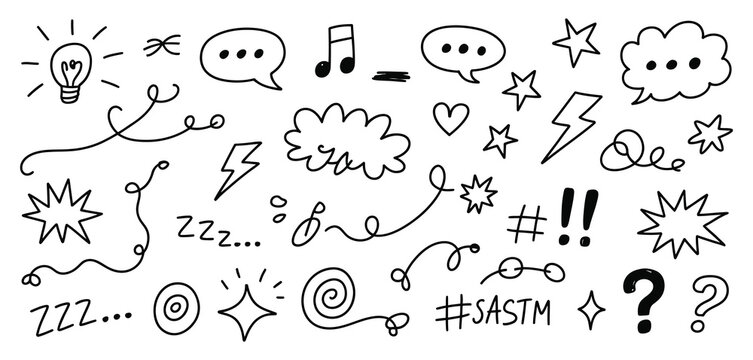 Manga expression, vector set of hand drawn comic elements showing emotion and motion, featuring speech bubbles, stars, swirls, lightning, and music sound icons for media