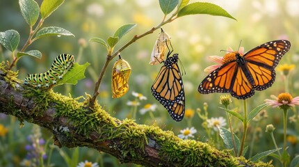 Monarch butterfly life cycle on branch,from caterpillar to chrysalis to adult insect,nature metamorphosis concept © James