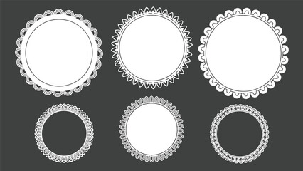 Six white circular frames with decorative scalloped edges and lace patterns on a dark grey background for labels.