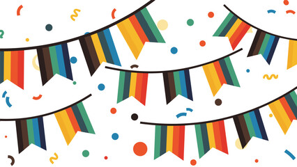 Obraz premium Festive strings of colorful triangular bunting with vertical stripes and scattered confetti dots on a white background.