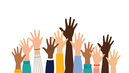Fototapeta premium Many diverse hands with various skin tones and shirt sleeves raised up high against a plain white background for unity concepts.