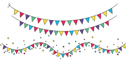 Obraz premium Colorful decorative bunting flags and festive confetti dots on strings for celebration party background elements on white.