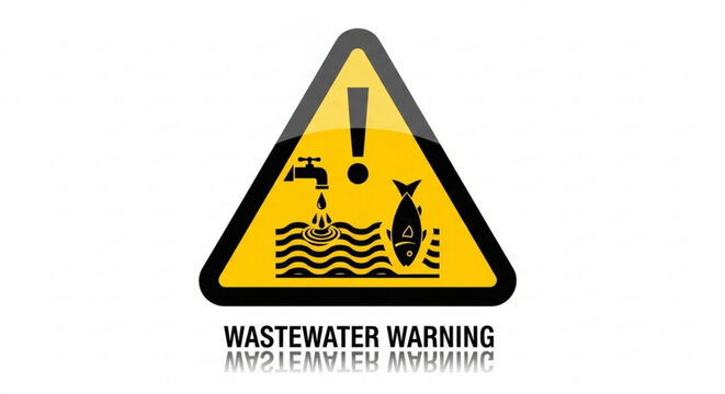 Wastewater warning sign with fish and faucet pollution symbol