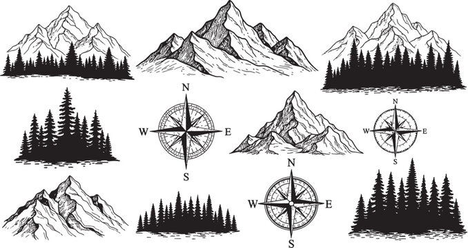 Collection of hand-drawn mountain landscapes, pine forests, and compass roses in a vintage sketch style.
