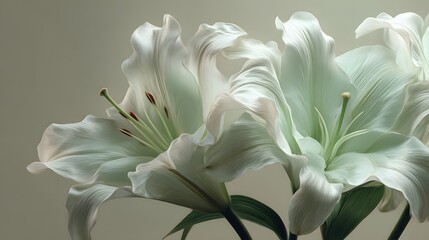 Fototapeta premium Elegant White Lilies in Soft Light, Close-Up Botanical Still Life.
