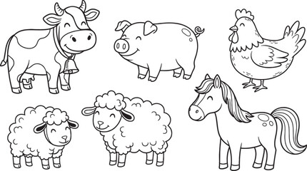 Obraz premium Black and white outline drawings of various happy farm animals including a cow, pig, chicken, two sheep, and a horse, perfect for coloring books.