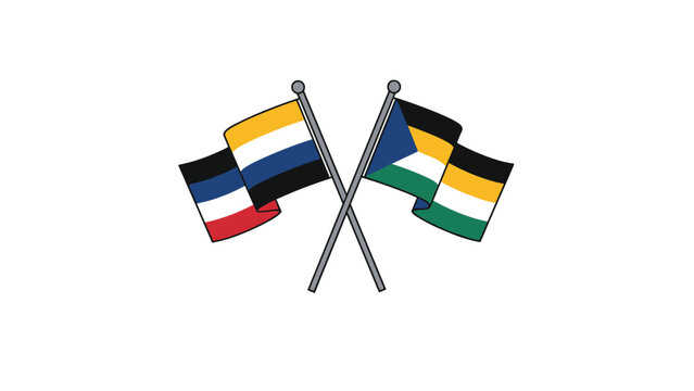 Two crossed flagpoles holding waving flags with unique horizontal and vertical color stripes in yellow white blue black and red.