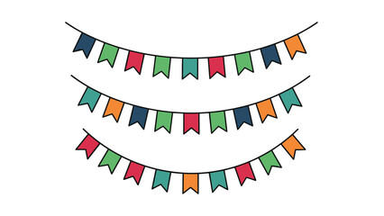 Three curved lines of colorful triangular flag buntings in blue green red and orange for party decorations and festive events.