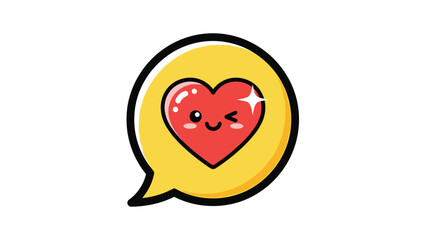 Adorable red heart character winking and smiling inside a round yellow speech bubble outlined with thick black lines.