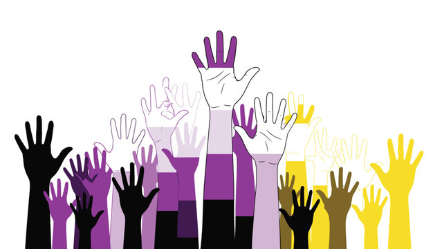 Group of raised hands featuring the pride colors of the asexual and non binary flags as a symbol of diversity and community support.