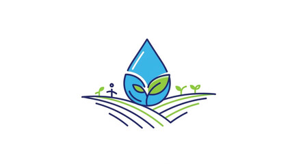 Fototapeta premium Eco friendly water droplet logo with green leaves and sprouts on rolling hills symbolizing sustainability and environmental conservation