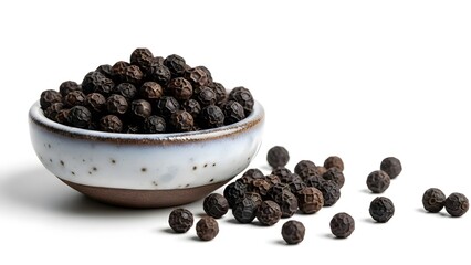 A small ceramic bowl with a rustic rim is brimming with whole black peppercorns