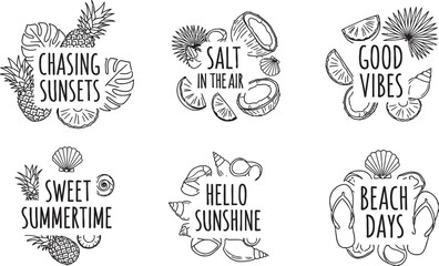 Fototapeta premium Six black and white line art illustrations with summer and beach themed phrases and tropical elements.
