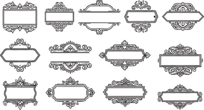 A collection of ornate vintage decorative frames and labels with intricate scrollwork designs.