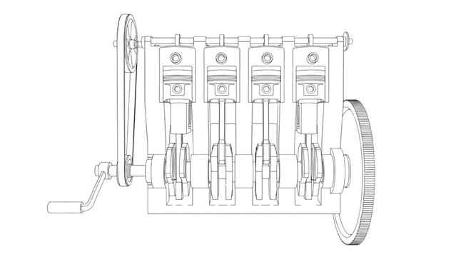Inline 4 Cylinder Engine Cutaway Line Art Engineering Technical Drawing on White Background