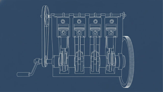 Inline 4 Cylinder Engine Cutaway Blueprint Engineering Technical Drawing