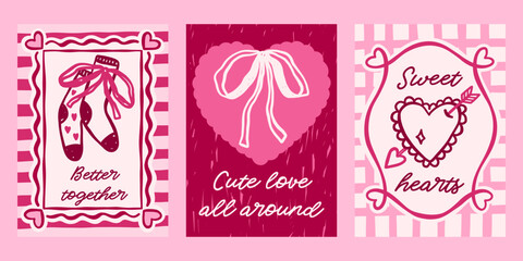 Naklejka premium Whimsical Valentines day vector cards set. Vintage retro love print designs with socks, bows, hearts illustration, romantic quotes in coquette frames