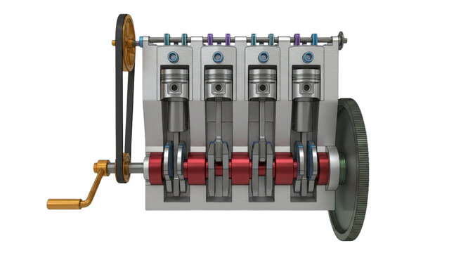 Inline 4 Cylinder Engine Cutaway Color Coded Technical Illustration on White Background