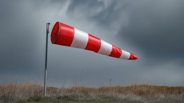 Red and white striped windsocks fully extended on a metal pole indicating strong wind direction against a dramatic dark and ominous stormy sky.