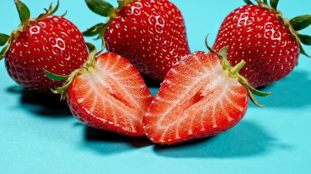 Ripe whole and half cut red strawberries with green stems on a bright turquoise background