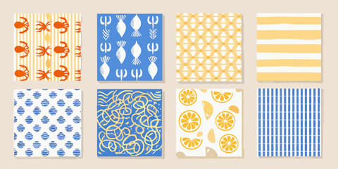 Colorful pattern swatches featuring marine life fruit and geometric designs © Debashis
