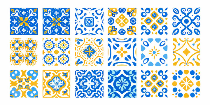 Collection of vibrant blue and yellow portuguese azulejo tile patterns